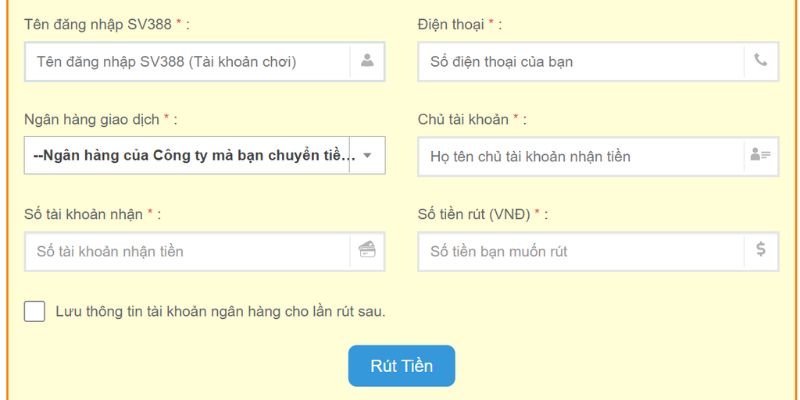 Cách rút tiền SV388 qua tài khoản ngân hàng